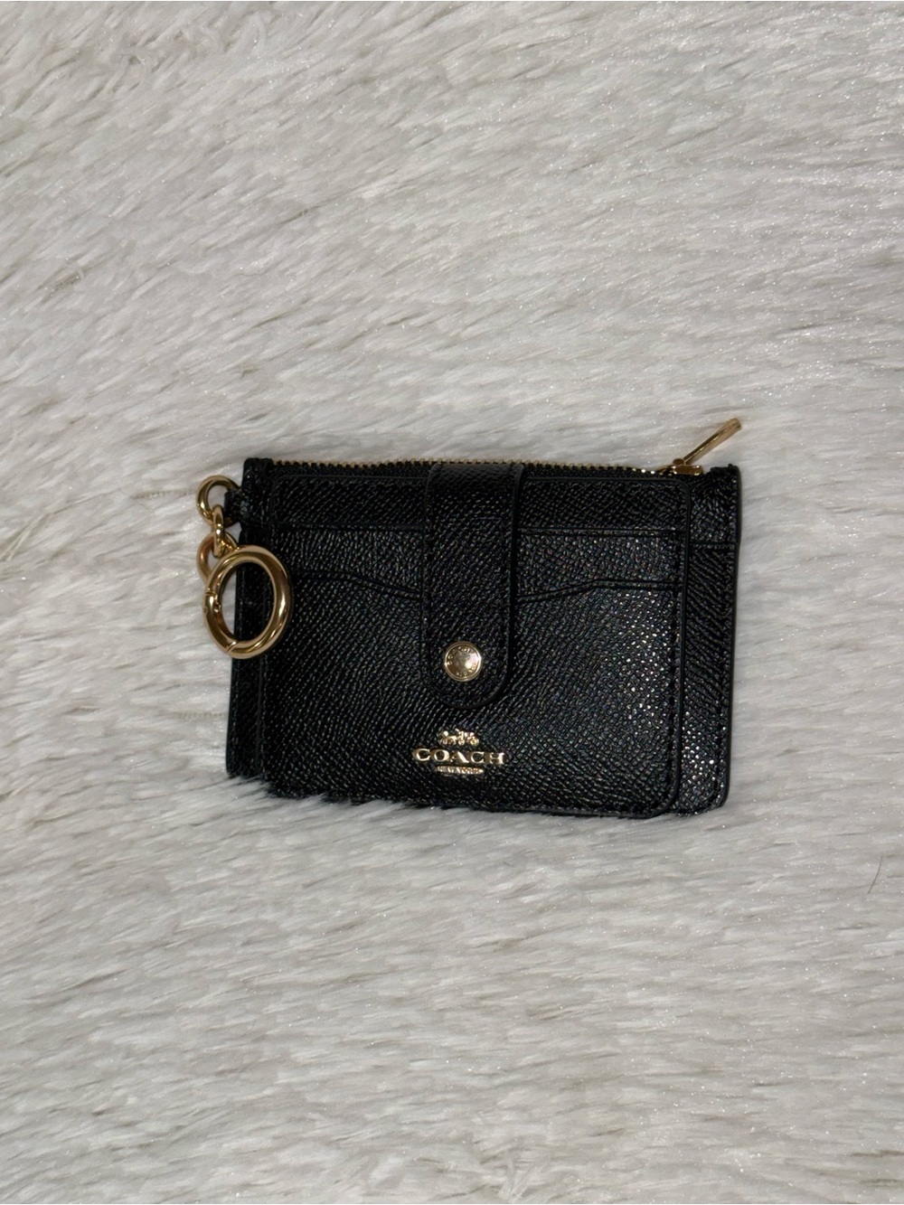 Coach Black Crossgrain Leather Attachment Keychain Card Case Wallet Holder Gold